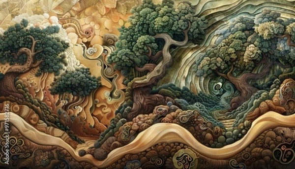 Fototapeta Enchanting Biomorphic Landscape Surreal Foliage Swirls in Dreamlike Harmony