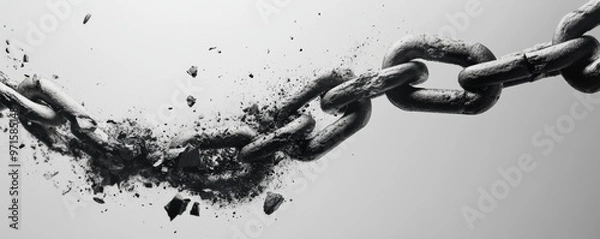 Fototapeta Old rusty chain breaking under pressure on white background