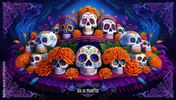 Fototapeta Vibrant d?a de los muertos ofrenda altar with colorful sugars skulls and marigolds