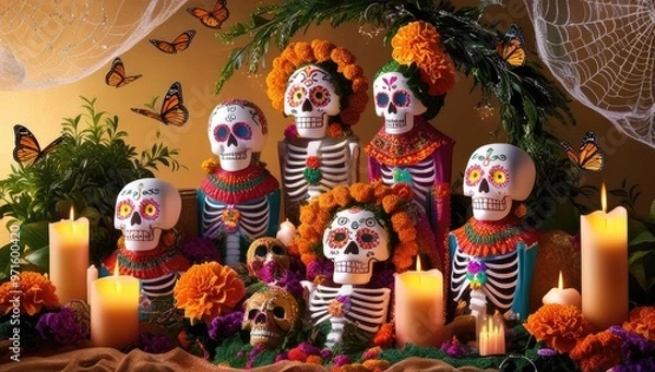 Obraz Vibrant dia de los muertos ofrenda display with catrinas and marigolds