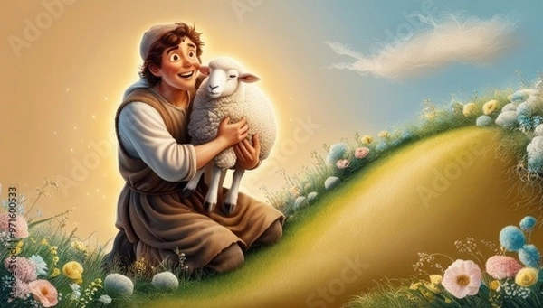 Obraz Joyful reenactment of the lost sheep parable in a serene meadow setting