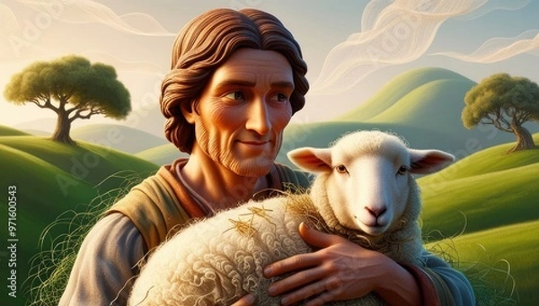 Obraz Parable of the lost sheep concept in a serene countryside setting with shepherd and sheep