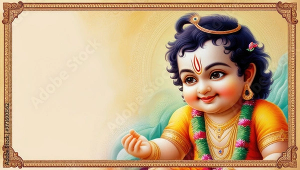Obraz Adorable baby krishna depiction with intricate border design for religious celebrations or devotional art