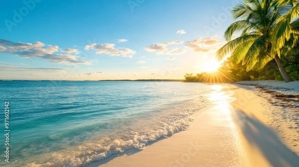 Fototapeta A breathtaking sunset casts a warm golden glow on a tranquil tropical beach, where soft white sand meets crystal clear turquoise waters. The scene evokes feelings of relaxation, escape, and paradise. 