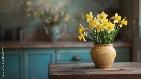 Fototapeta A vase of yellow daffodils on a wooden table in a cozy, rustic kitchen setting.