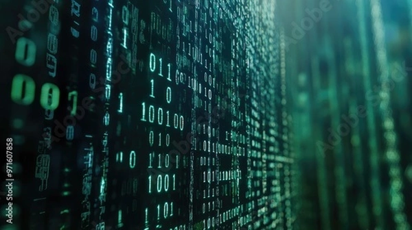 Fototapeta Abstract digital background with binary code and glowing green lights.
