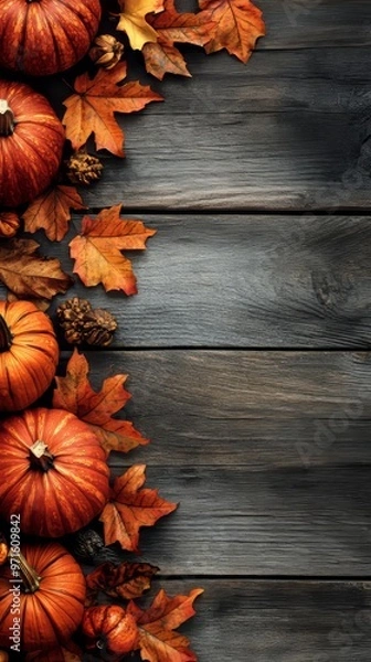 Fototapeta Autumn border of pumpkins, gourds and colorful leaves on rustic wood background with copy space