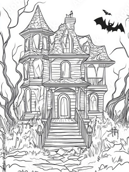 Fototapeta A spooky Halloween haunted house with a crumbling facade, a large front door, and a set of steps leading to the entrance. The house is surrounded by trees, and a bat flies overhead. This image represe