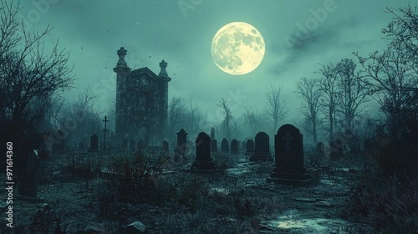 Fototapeta A spooky graveyard at midnight, with ghosts rising from the ground and a full moon in the sky.