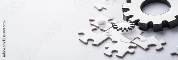 Fototapeta An overhead shot of puzzle pieces and gears, symbolizing teamwork, problem-solving, innovation, and finding solutions. The image conveys the concept of connecting different parts to achieve a common g