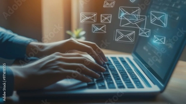 Fototapeta Hands Typing on Laptop with Email Icons