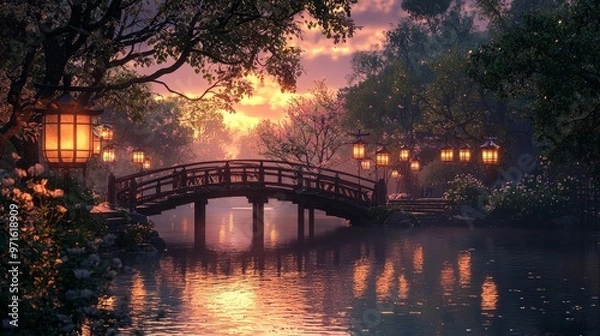 Obraz Japanese Garden Bridge with Lanterns at Sunset