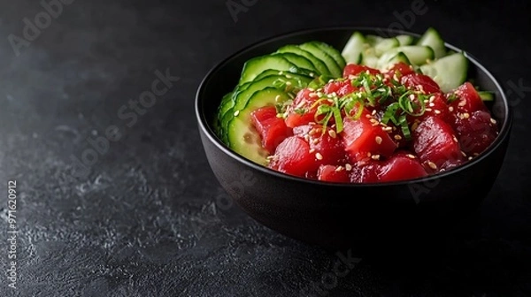 Fototapeta Minimal poke bowl with vibrant red tuna and cucumber slices, set against a matte charcoal black background, focusing on textures