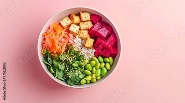 Fototapeta Vegan poke bowl with tofu, beets, and edamame against a soft pink gradient background for a minimalist, fresh look