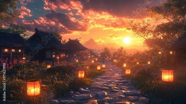Fototapeta Japanese Village Sunset with Stone Path and Lanterns