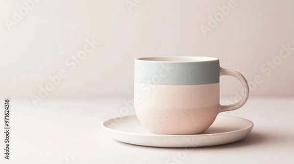 Fototapeta A minimalist cup and saucer in soft pastel colors on a light background.