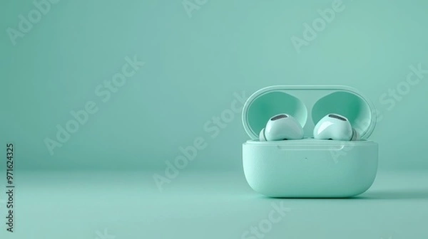 Fototapeta A pair of wireless earbuds inside a mint-colored charging case on a matching background.