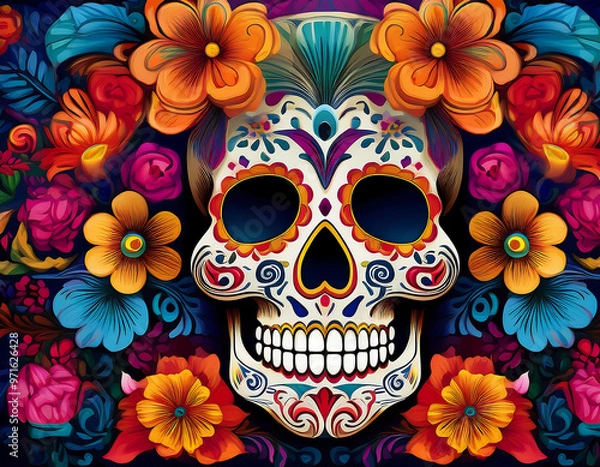 Fototapeta  Colorful sugar skull pattern with flowers, capturing the vibrancy of Día de los Muertos_1(183)