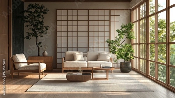 Fototapeta 3D render illustration of a modern interior in Japan style design for a living room.	
