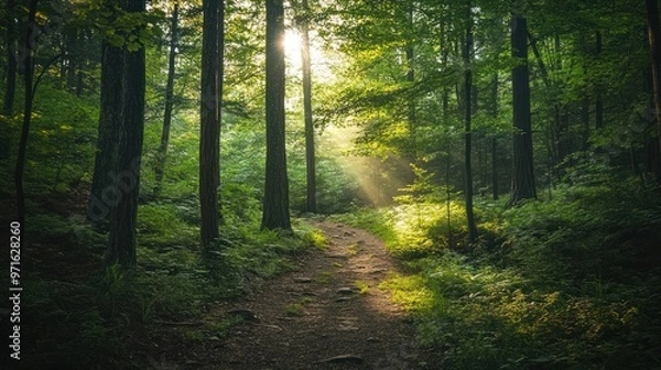 Fototapeta Sunbeams Through a Forest Path