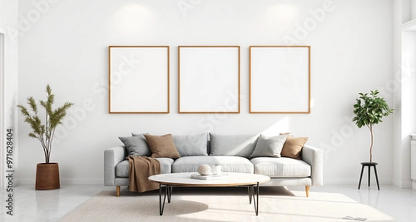 Fototapeta Blank picture frame mockup on a white wall. Modern living room design. View of modern Scandinavian-style interior with a sofa. Three square templates for artwork, painting, photo, or poster.