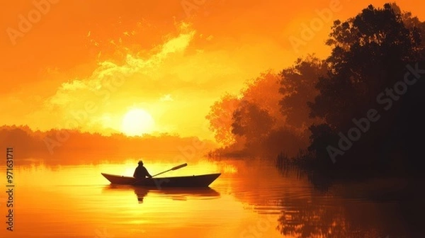 Obraz Silhouette of a Man Rowing at Sunset