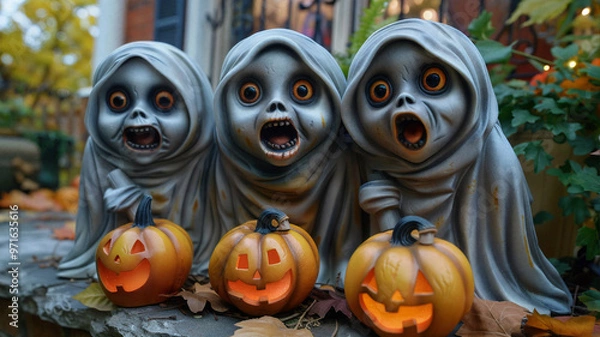 Fototapeta Three spooky ghost figures with wide eyes and open mouths, sitting behind glowing jack-o'-lanterns on a porch surrounded by autumn leaves, creating a fun and eerie Halloween display