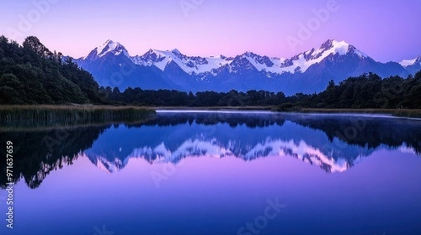 Fototapeta Serene mountain landscape reflecting in calm waters at dusk.