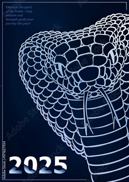Obraz Dark blue greeting card for 2025 Lunar New Year or Christmas, celebrating the Year of the Snake. Invitation poster with silver linear head of King Cobra snake (Chinese horoscope sign)