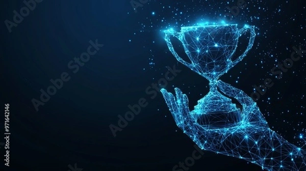 Fototapeta Futuristic concept of achievement in business or sports illustrated with a hand holding a trophy cup on a dark blue background The design features a glowing low polygonal style with