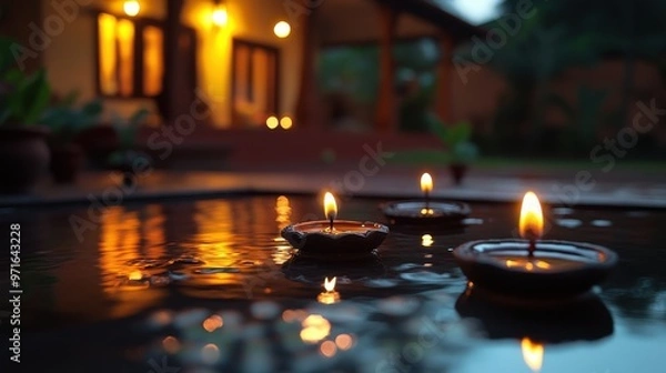 Fototapeta A peaceful Diwali night with glowing lamps, decorated homes, and festive joy