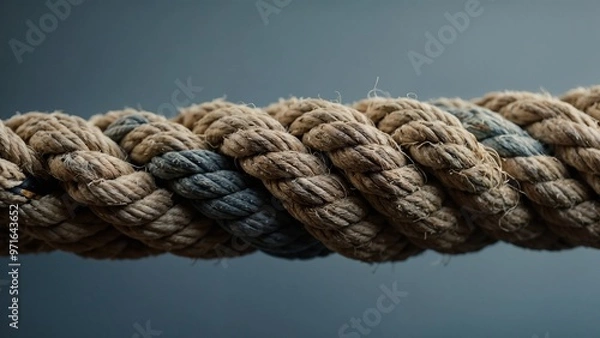 Fototapeta Close-up of textured rope for tug of war, natural fibers, stylish background, copy space
