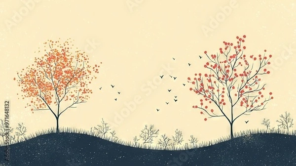 Fototapeta   A pair of trees perch atop a hill, overlooking another hill where birds soar through the sky