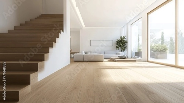 Obraz Modern interior of a luxury apartment featuring wooden stairs and a living room with laminate flooring
