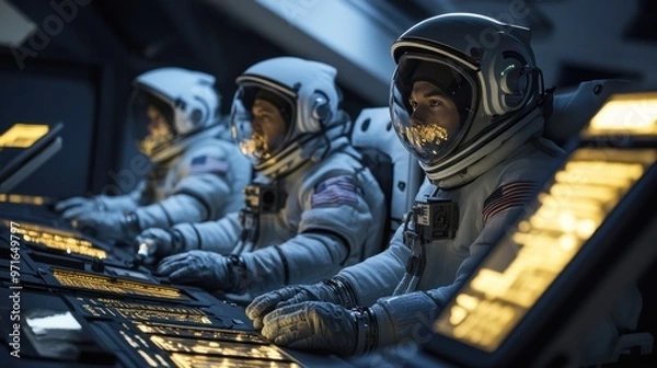 Fototapeta Artemis program astronauts preparing for a lunar mission, wearing advanced space suits, high-tech launchpad environment, intense and focused atmosphere