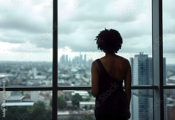 Fototapeta A Black woman with short curly hair, dressed in a sleek black dress, faces away from the camera in a minimalist office create with ai