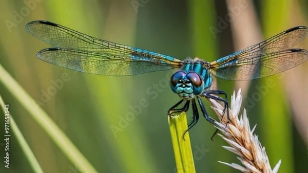 Fototapeta A close-up of a vibrant blue dragonfly perched on a blade of grass.
