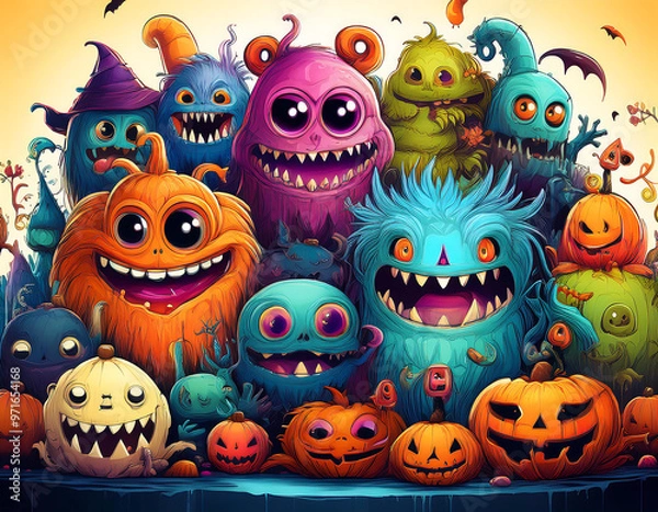 Fototapeta  Illustration of various Halloween monsters, featuring whimsical and colorful characters_1(588)
