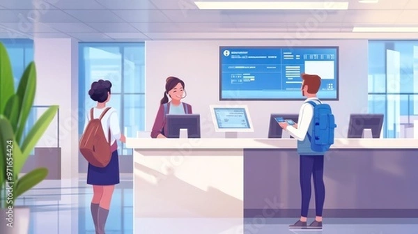 Obraz A scene inside a modern bank with a teller assisting a customer, digital currency exchange rates on a screen in the background, friendly and efficient service atmosphere