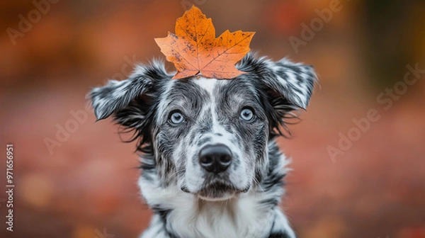 Fototapeta portrait of a dog  sitting with an autumn leaf on his head