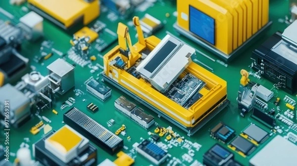 Fototapeta Green electronics disposal process, showcasing a variety of electronic items being sorted and dismantled, emphasis on reducing environmental impact, diverse team, eco-friendly environment