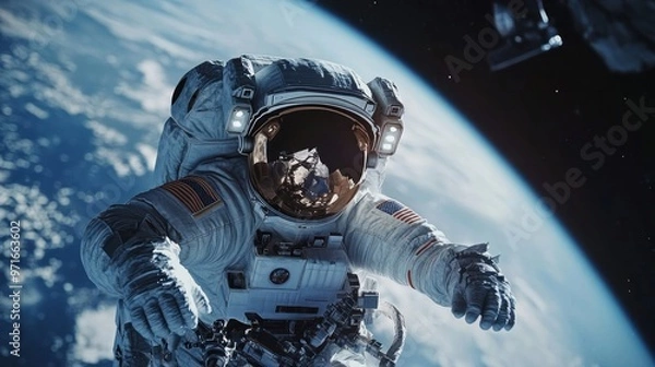 Fototapeta Space suit in use during a spacewalk, astronaut repairing equipment, Earth visible in the background, emphasis on technology and functionality