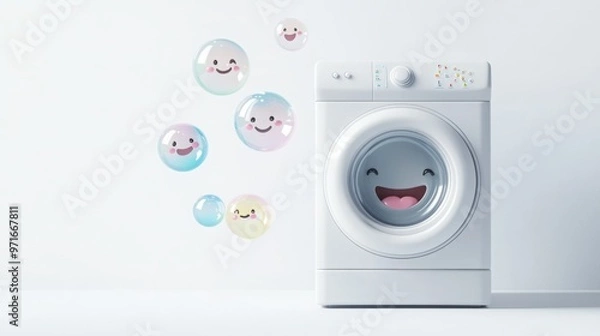 Obraz A white washing machine with a smiling face, surrounded by cute cartoon bubbles.