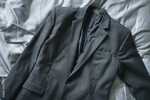 Fototapeta Detailed flat lay of a business casual outfit featuring a stylish blazer and slacks, showcased on a sleek.