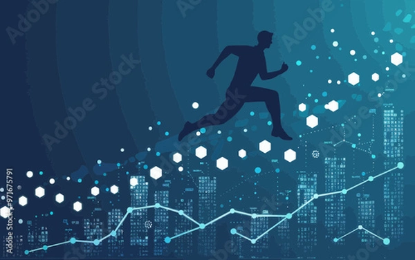 Fototapeta Businessman Running Upwards on Financial Growth Graph at Night, Concept of Success and Progress in Business, Minimalistic Vector Illustration