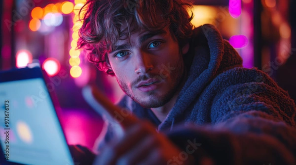 Fototapeta A focused man with striking blue eyes gestures while illuminated by warm ambient light in a cozy bar setting at night