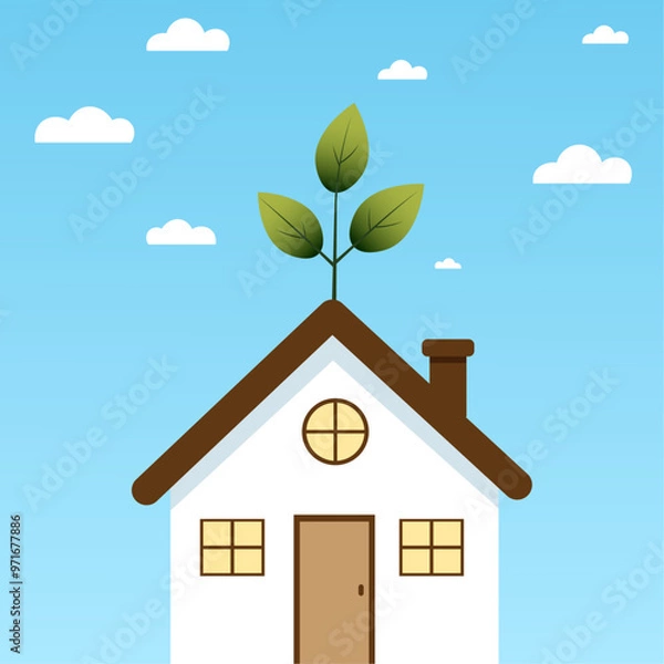 Fototapeta Illustration of a house with a small tree growing from the roof, symbolizing real estate investment and growth