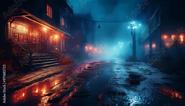 Obraz 人影のないゴーストタウンの夜。濡れた道路に映り込むネオンの光と、霧に包まれた街角。薄暗い灯りが通りの奥深くまで延び、煙が立ちこめている。
