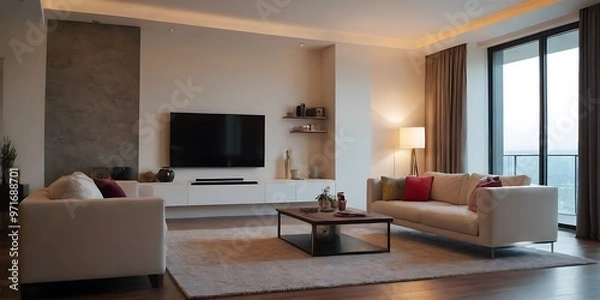 Obraz Modern Living Room with Cozy Sofa, Stylish Decor, and Natural Light - Perfect for Relaxation and Entertaining