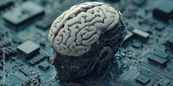 Fototapeta Digital AI Brain on Electronic Circuit Board